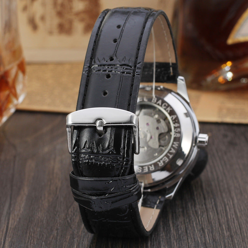 Automatic Mechanical Calendar Watch – Unisex Casual Leather Wristwatch