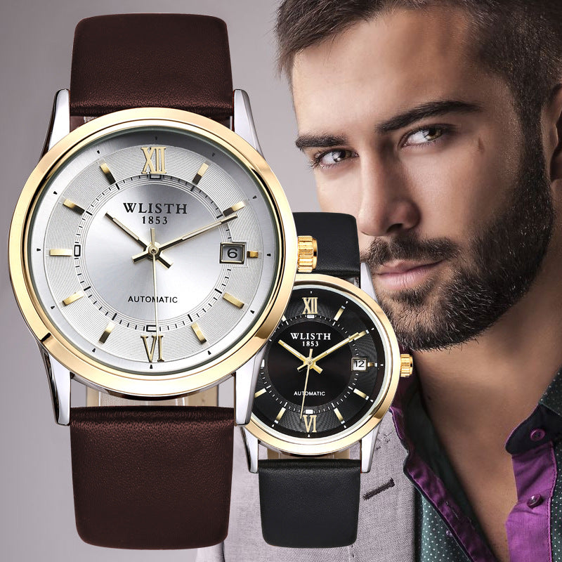 Automatic Mechanical Waterproof Men’s Business Watch – Classic Leather & Steel Wristwatch